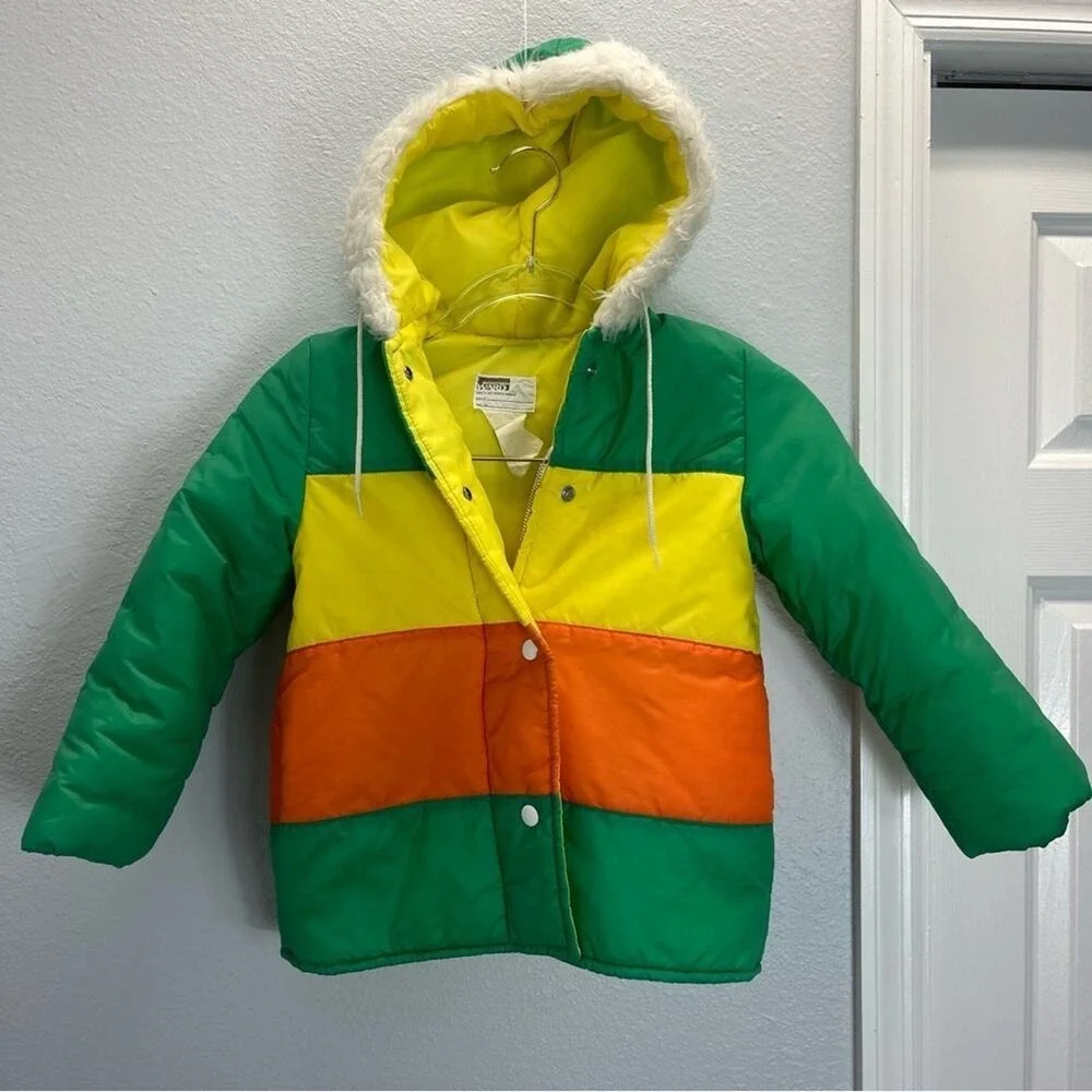 Vintage Kids Jacket Coat Unisex Montgomery Ward Green Yellow 80s